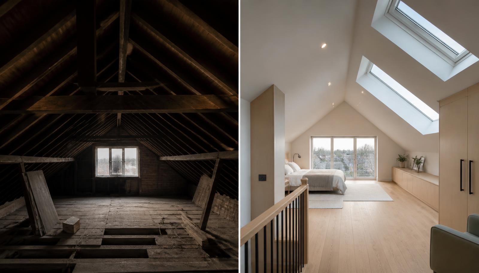 Before and after hip-to-gable loft conversion in Ealing